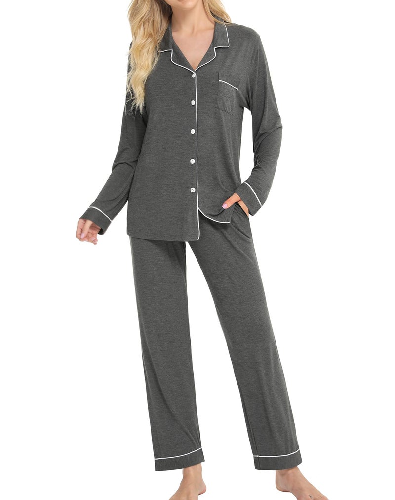 SWOMOG Womens Pajamas Set Long Sleeve Sleepwear Button Down Nightwear Soft PJs Sets with Pockets Lounge Sets Deep Grey - Image 1